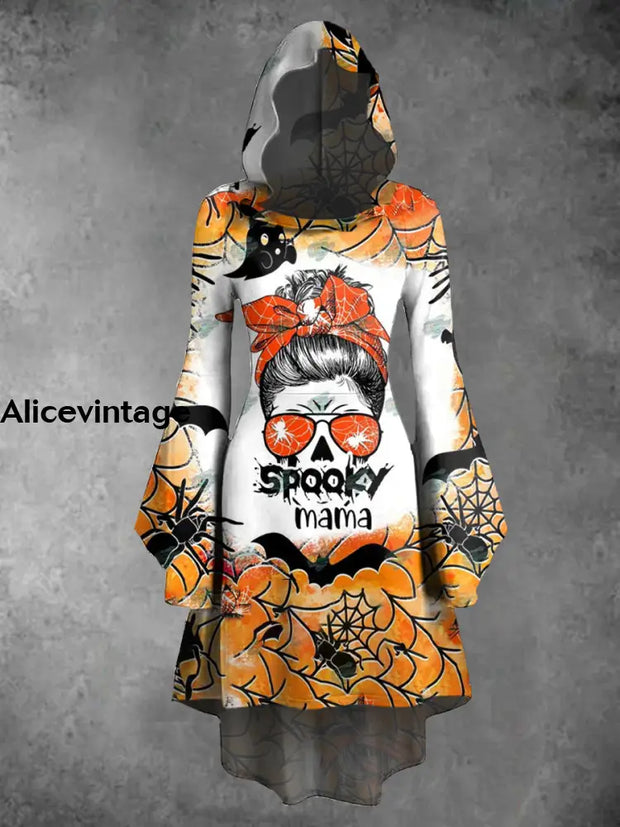 Halloween Skull Art Print Vintage Trumpet Sleeve Hooded Dress A / S