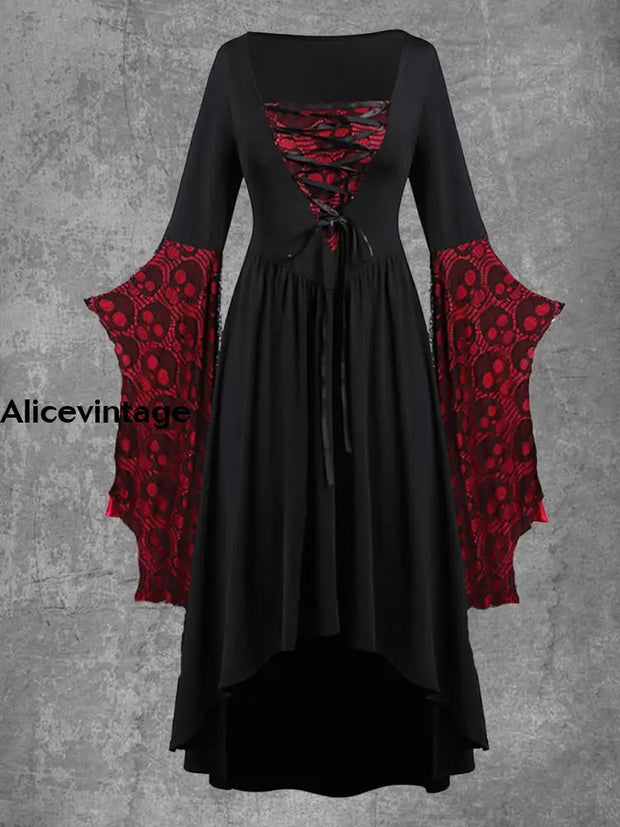 Halloween Skull Head Lace Strap Irregular Retro Lotus Leaf Sleeve Dress Black / L