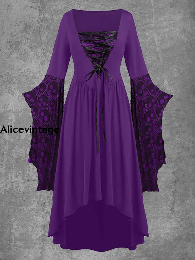 Halloween Skull Head Lace Strap Irregular Retro Lotus Leaf Sleeve Dress Purple / L