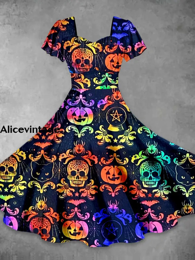 Halloween Skull Pattern Art Print Vintage Short Sleeve Midi Dress A / S