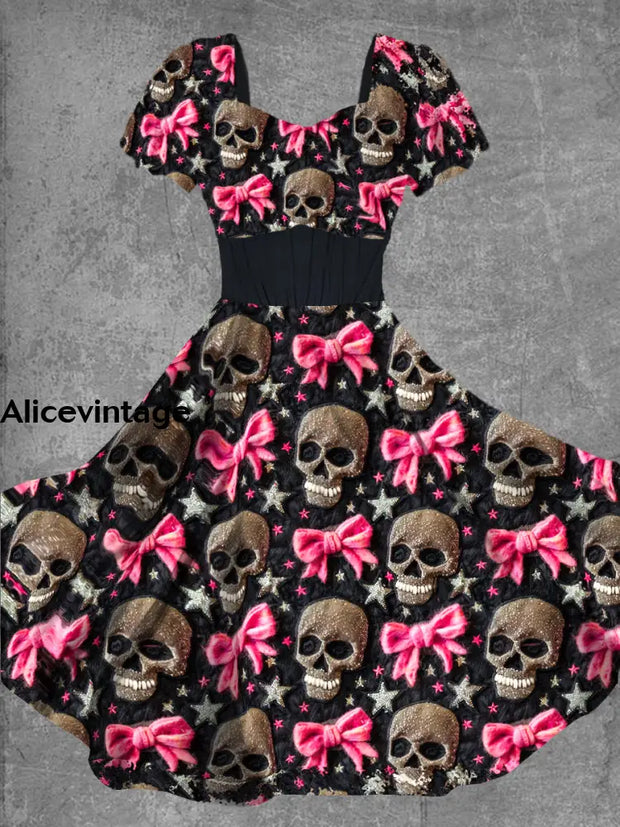 Halloween Skull Print Short Sleeve Vintage Midi Dress A / S