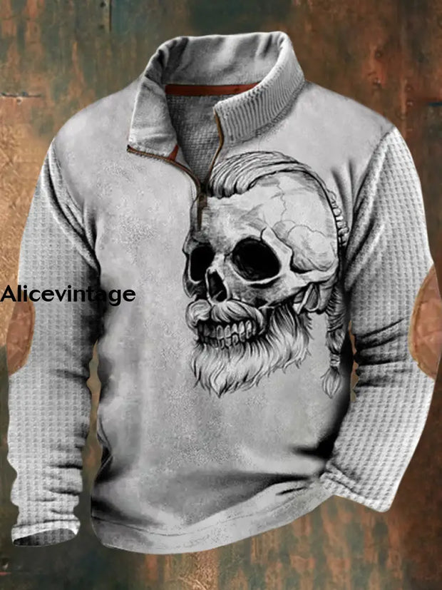 Halloween Skull Print Vintage Classic Stand Collar Zipper Waffle Sweatshirt A / S