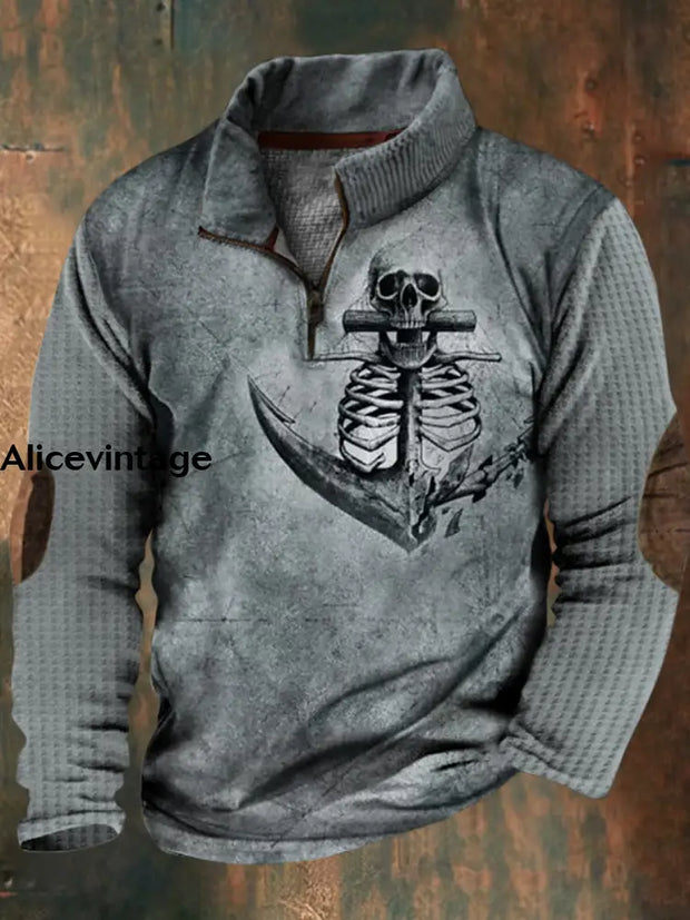 Halloween Skull Print Vintage Classic Stand Collar Zipper Waffle Sweatshirt A / S