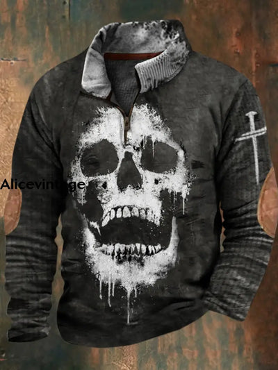 Halloween Skull Print Vintage Classic Stand Collar Zipper Waffle Sweatshirt A / S