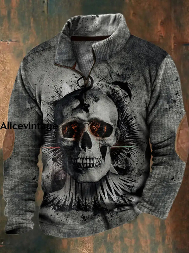 Halloween Skull Print Vintage Classic Stand Collar Zipper Waffle Sweatshirt A / S