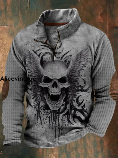 Halloween Skull Print Vintage Classic Stand Collar Zipper Waffle Sweatshirt A / S