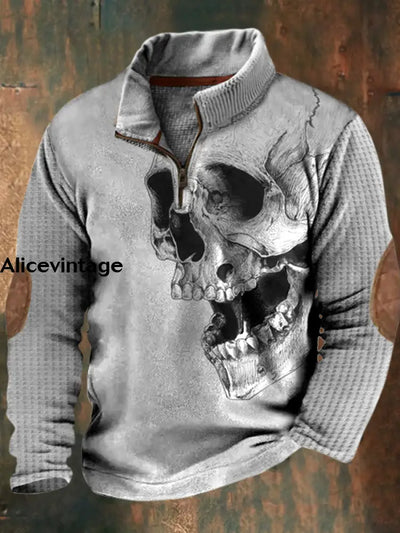 Halloween Skull Print Vintage Classic Stand Collar Zipper Waffle Sweatshirt A / S