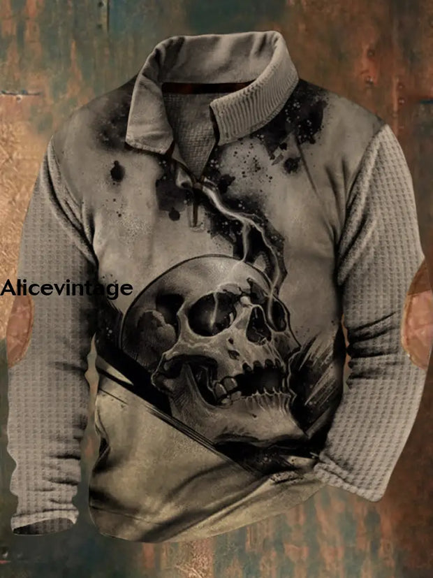 Halloween Skull Print Vintage Classic Stand Collar Zipper Waffle Sweatshirt A / S