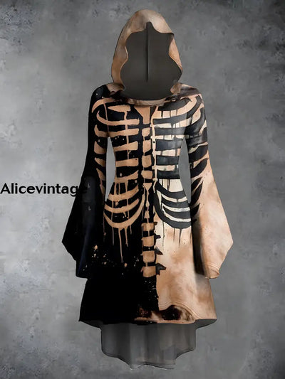 Halloween Skull Print Vintage Trumpet Sleeve Hooded Dress A / S