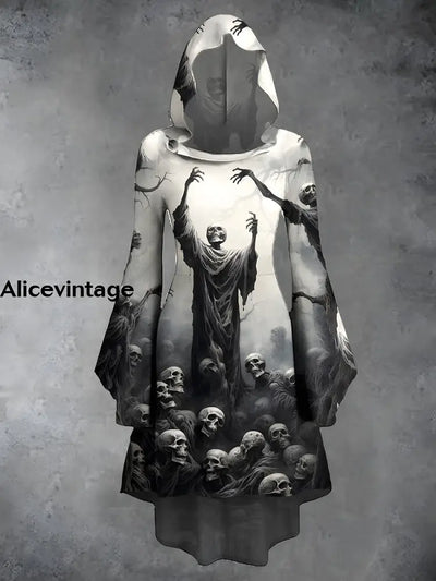 Halloween Skull Print Vintage Trumpet Sleeve Hooded Dress A / S