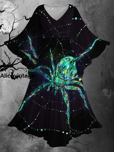 Halloween Spider Art Print Bat Sleeve V-Neck Vintage Flowy Midi Dress A / S