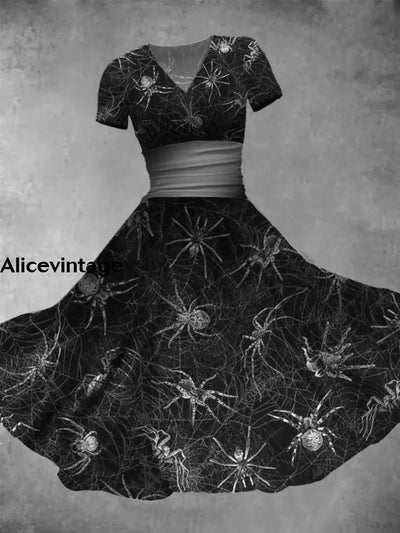 Halloween Spider Art Print V-Neck Short Sleeve Vintage Midi Dress A / S