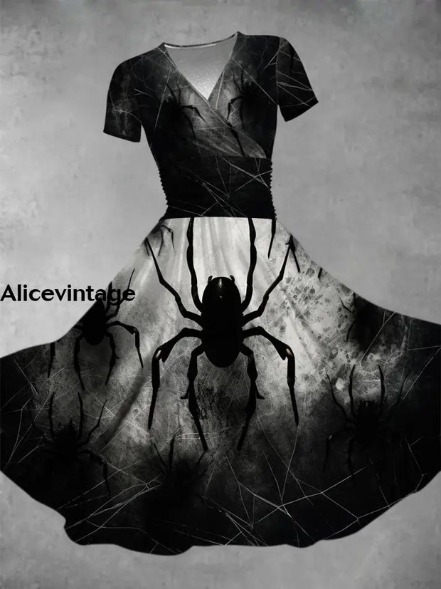 Halloween Spider Art Print V-Neck Vintage Fashion Short Sleeve Midi Dress A / S