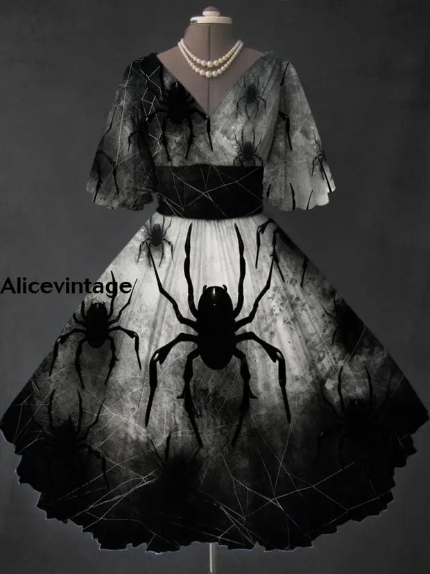 Halloween Spider Art Print V-Neck Vintage Short Sleeve Midi Dress A / S