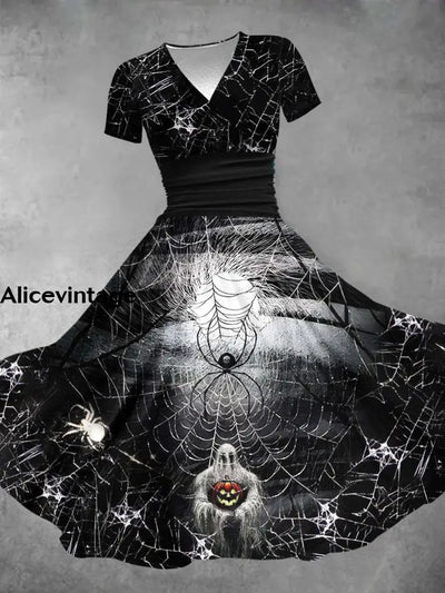 Halloween Spider Art Print V-Neck Vintage Short Sleeve Midi Dress A / S