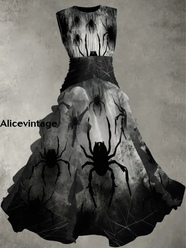 Halloween Spider Art Print Vintage Elegant Chic Sleeveless Maxi Dress A / S