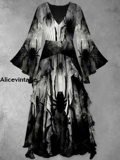 Halloween Spider Art Print Vintage Elegant V-Neck Chic Long Sleeve Maxi Dress A / S