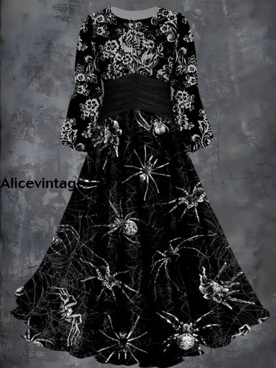 Halloween Spider Art Print Vintage Fashion Long Sleeve Midi Dress A / S