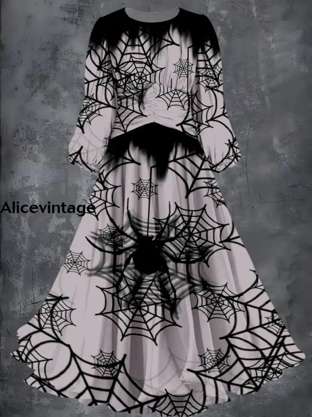 Halloween Spider Art Print Vintage Fashion Long Sleeve Midi Dress A / S