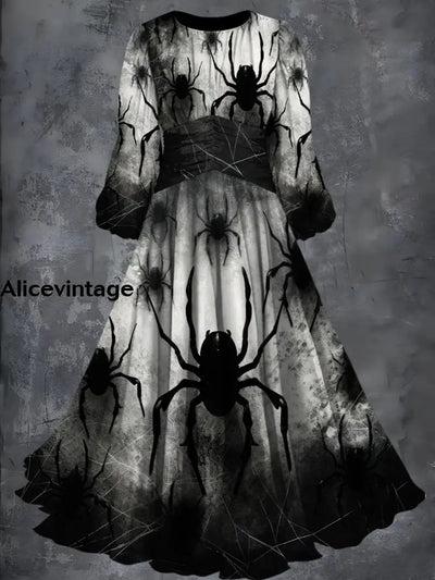 Halloween Spider Art Print Vintage Fashion Long Sleeve Midi Dress A / S