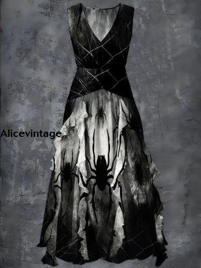 Halloween Spider Art Print Vintage V-Neck Chic Sleeveless Maxi Dress A / S