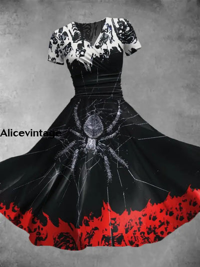 Halloween Spider Art Print Vintage V-Neck Short Sleeve Midi Dress A / S