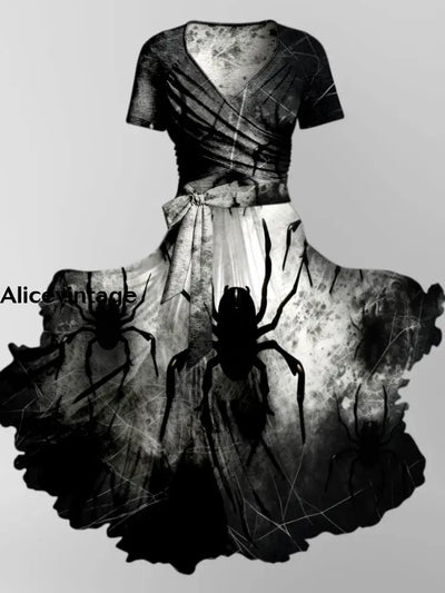 Halloween Spider Art Print Vintage V-Neck Short Sleeve Two-Piece Midi Dress A / S