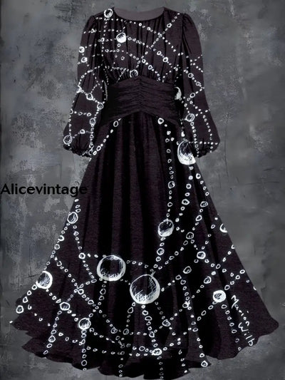 Halloween Spider Net Art Print Vintage Fashion Long Sleeve Midi Dress A / S