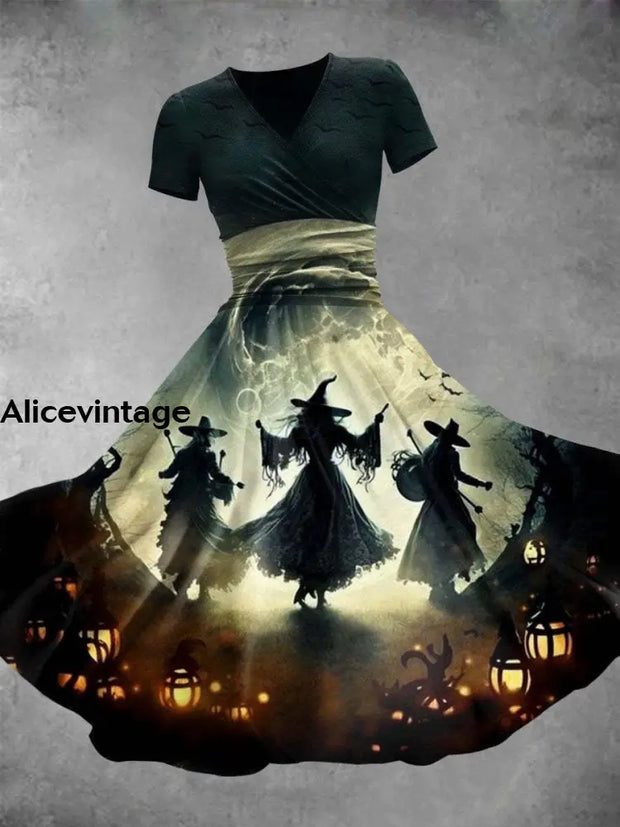 Halloween Witch Art Print V-Neck Short Sleeve Vintage Midi Dress A / S