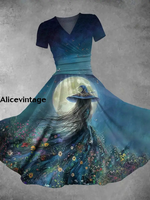 Halloween Witch Art Print V-Neck Short Sleeve Vintage Midi Dress Picture Color / S