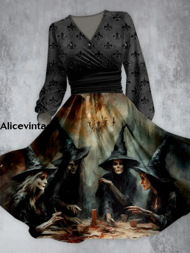 Halloween Witch Art Print V-Neck Vintage Chic Long Sleeve Midi Dress A / S