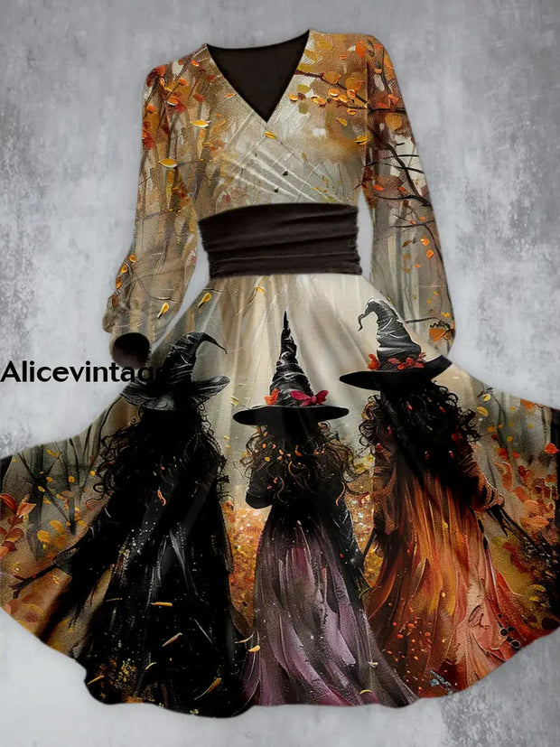 Halloween Witch Art Print V-Neck Vintage Chic Long Sleeve Midi Dress A / S