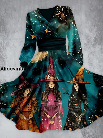 Halloween Witch Art Print V-Neck Vintage Chic Long Sleeve Midi Dress A / S