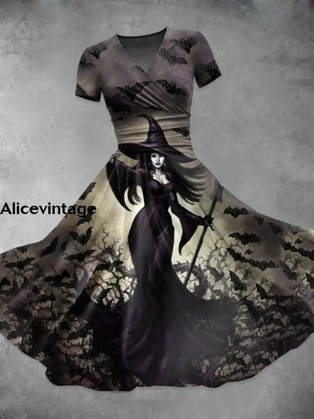 Halloween Witch Art Print V-Neck Vintage Short Sleeve Midi Dress A / S