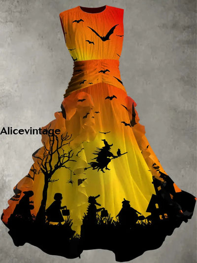 Halloween Witch Art Print Vintage Elegant Chic Sleeveless Maxi Dress A / S