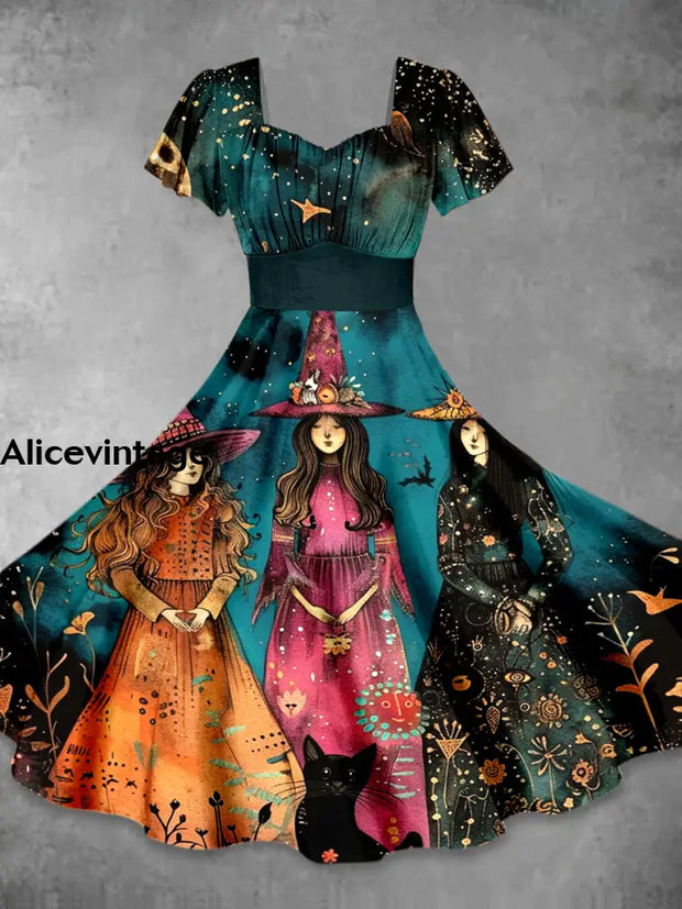 Halloween Witch Art Print Vintage Fashion Short Sleeve Midi Dress A / S