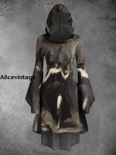 Halloween Witch Art Print Vintage Trumpet Sleeve Hooded Dress A / S