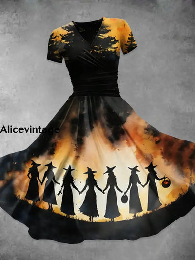 Halloween Witch Art Print Vintage V-Neck Short Sleeve Midi Dress Multicolor / S