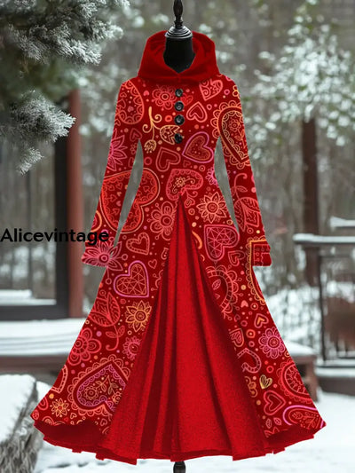 Heart Floral Art Print Vintage Elegant Long Sleeve Maxi Dress A / S