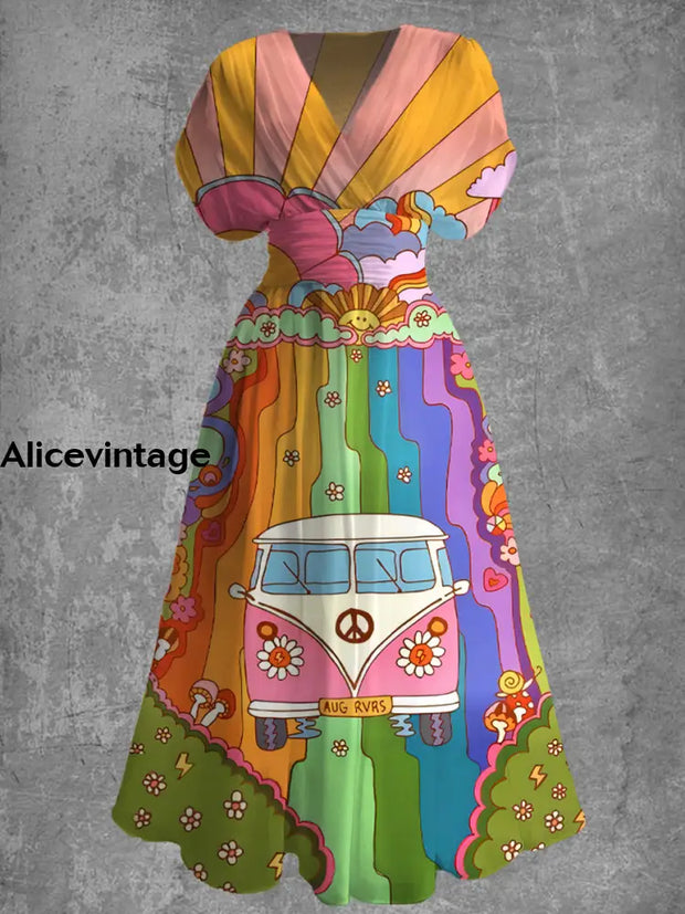 Hippie Art Print Elegant V-Neck Chic Short Sleeve Retro Maxi Dress A / S