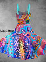 Hippie Art Print Sleeveless Vintage Midi Dress