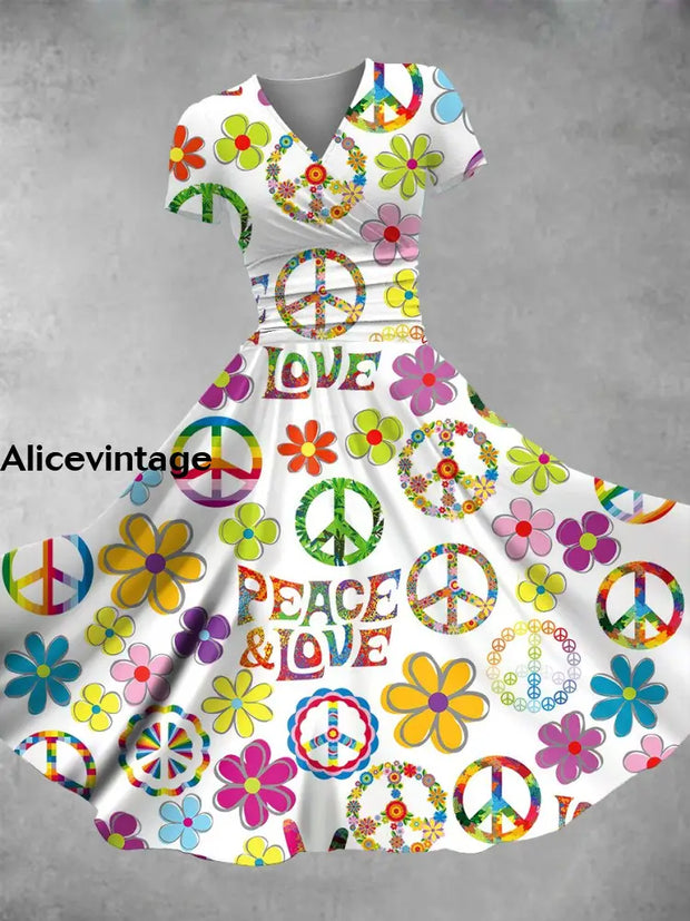 Hippie Peace Art Print V-Neck Short Sleeve Vintage Maxi Dress Picture Color / S