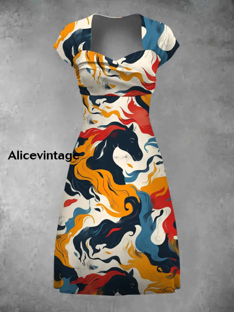 Horse Art Print Short Sleeve Vintage Dress Derby Dress A / S
