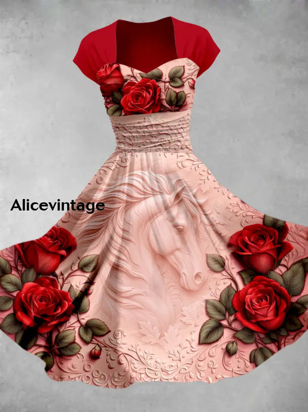 Retro Horse Floral Art Printed Vintage V-Neck Pleated Waist Short Sleeve Midi Dress A / S