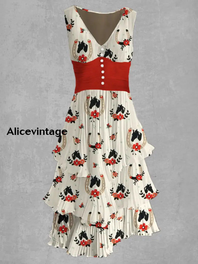 Horse Racing Floral Print V-Neck Retro Chic Midi Dress A / S