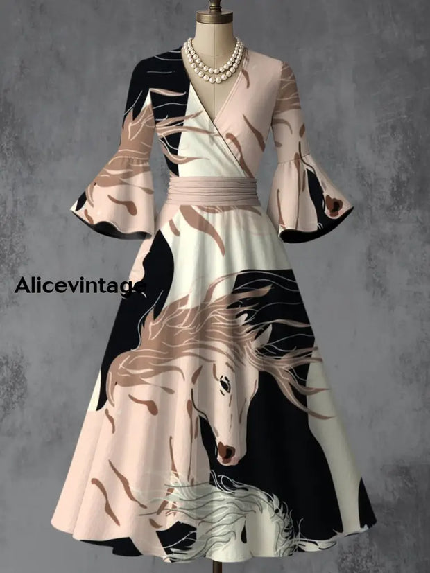 Horse Art Print V-Neck Flare Sleeve Vintage Elegant Dress A / S