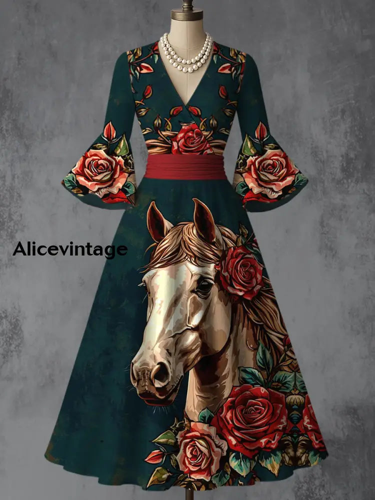 Horse Art Print V-Neck Flare Sleeve Vintage Elegant Dress A / S
