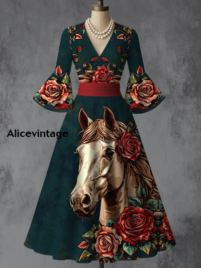 Horse Art Print V-Neck Flare Sleeve Vintage Elegant Dress A / S