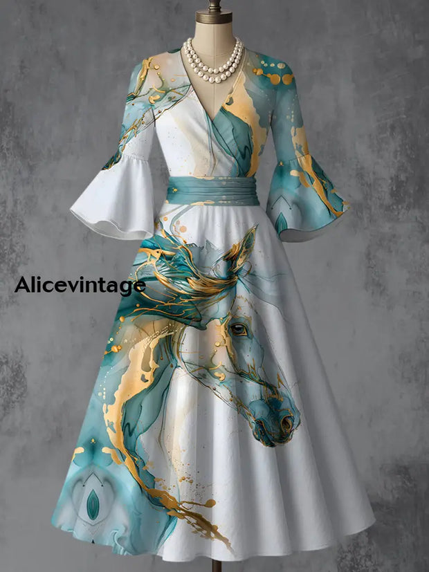 Horse Art Print V-Neck Flare Sleeve Vintage Elegant Dress A / S