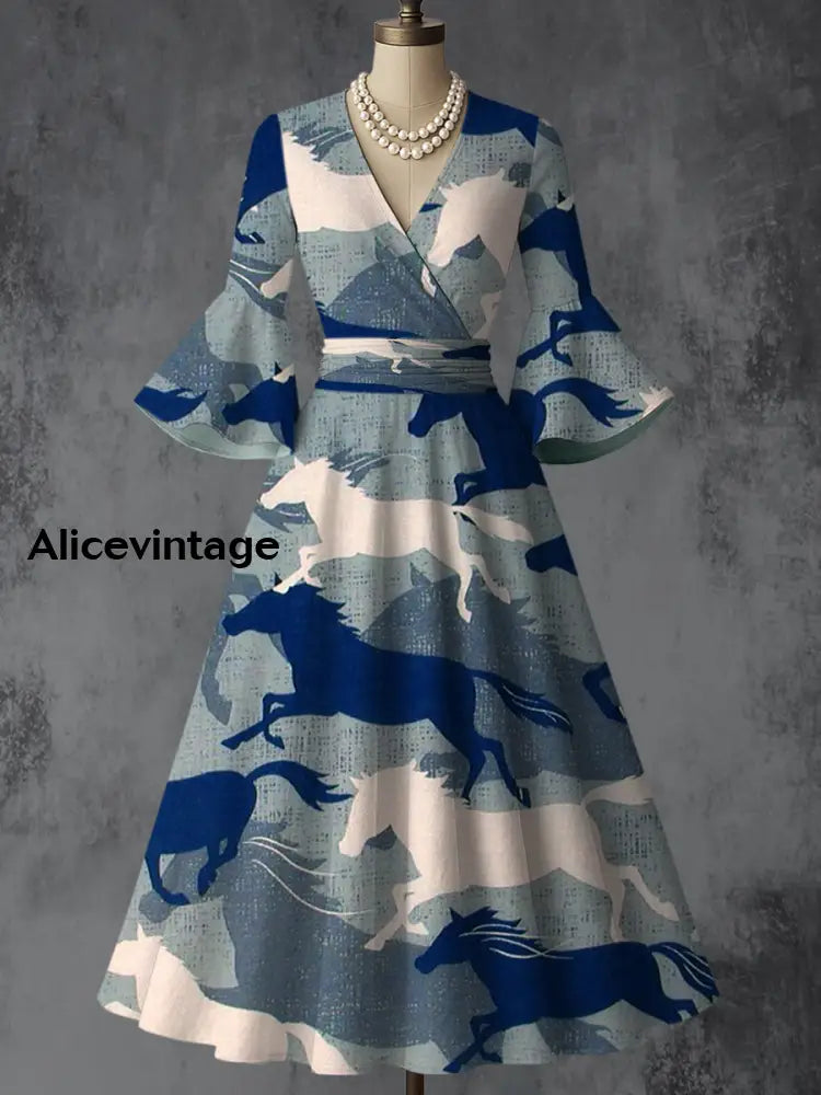 Horse Art Print V-Neck Flare Sleeve Vintage Elegant Dress A / S